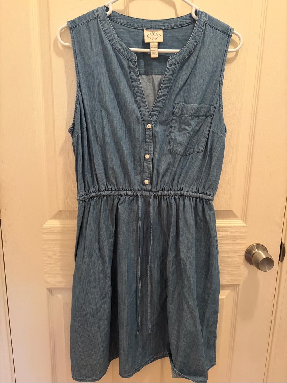 St John’s Bay Denim Dress Women’s Large Blue Sleeveless Cotton Button Front Mini - Picture 2 of 8
